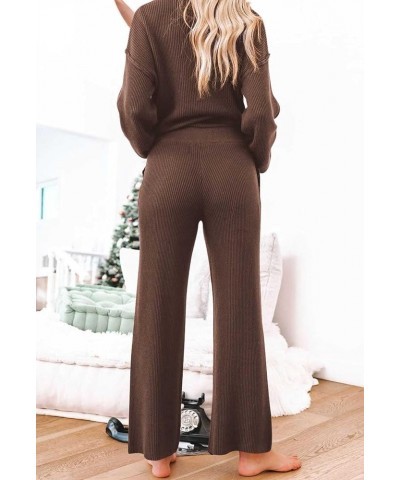 Women's 2 Piece Outfit Sweater Set Long Sleeve Button Knit Pullover Top Wide Leg Pants Pocket Sweatsuit Brown $25.64 Activewear