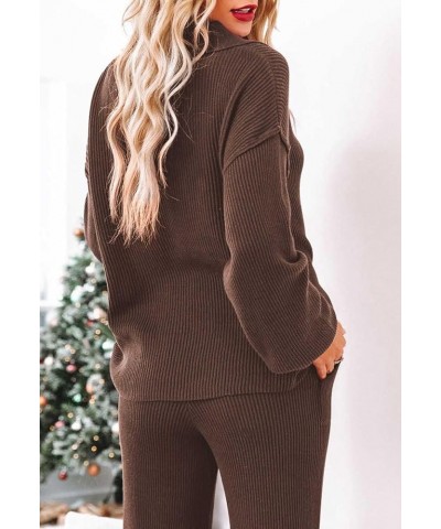 Women's 2 Piece Outfit Sweater Set Long Sleeve Button Knit Pullover Top Wide Leg Pants Pocket Sweatsuit Brown $25.64 Activewear