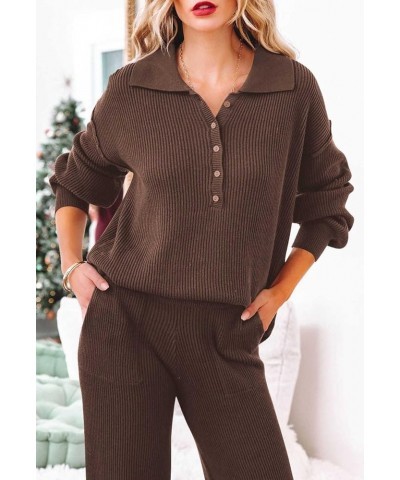 Women's 2 Piece Outfit Sweater Set Long Sleeve Button Knit Pullover Top Wide Leg Pants Pocket Sweatsuit Brown $25.64 Activewear