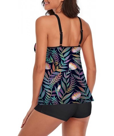 Flowy Tankini Bathing Suits for Women Tummy Control Swimsuits Two Piece Swimwear Tank Top with Boyshorts Colorful Leaves New ...