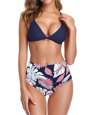 Women's Triangle Bikini Set Floral Printed Two Piece Swimsuit Padded Push Up Bathing Suit Deep Blue $16.43 Swimsuits