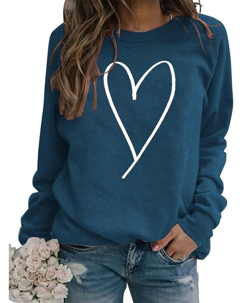 Womens Love Heart Printed Cute Graphic Shirt Crewneck Casual Pullover Cotton Loose Mother's Day Tops 02-blue and White $9.50 ...