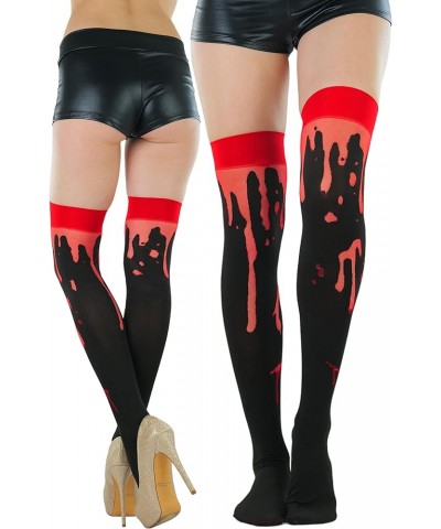 Women's Nylon Thigh High Schoolgirl Opaque Stockings Black W/ Red Cuff & Paint Splatter $9.44 Socks
