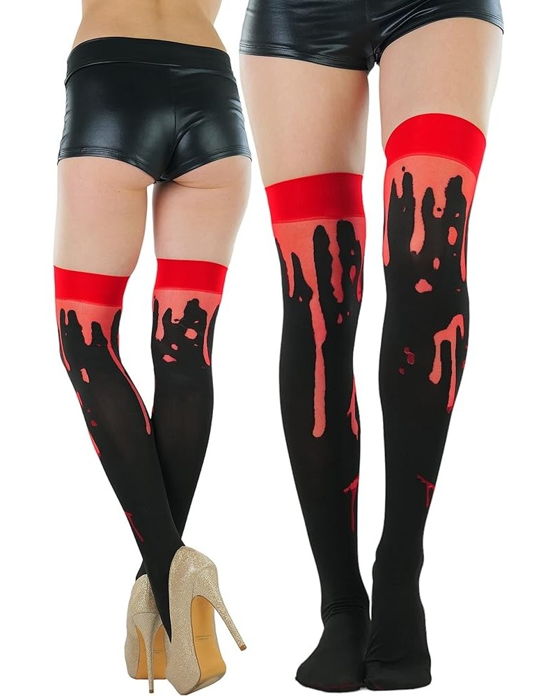 Women's Nylon Thigh High Schoolgirl Opaque Stockings Black W/ Red Cuff & Paint Splatter $9.44 Socks