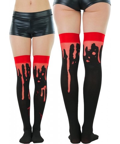 Women's Nylon Thigh High Schoolgirl Opaque Stockings Black W/ Red Cuff & Paint Splatter $9.44 Socks