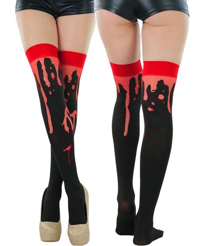 Women's Nylon Thigh High Schoolgirl Opaque Stockings Black W/ Red Cuff & Paint Splatter $9.44 Socks