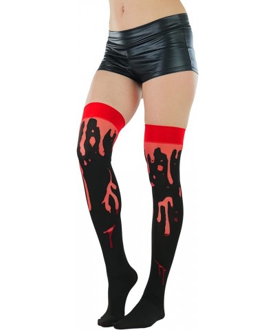 Women's Nylon Thigh High Schoolgirl Opaque Stockings Black W/ Red Cuff & Paint Splatter $9.44 Socks