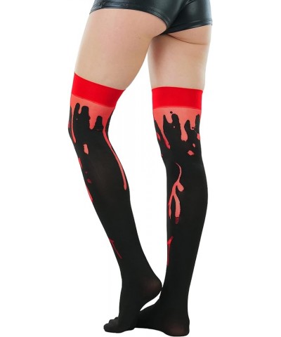 Women's Nylon Thigh High Schoolgirl Opaque Stockings Black W/ Red Cuff & Paint Splatter $9.44 Socks