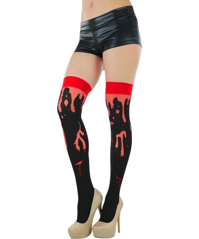 Women's Nylon Thigh High Schoolgirl Opaque Stockings Black W/ Red Cuff & Paint Splatter $9.44 Socks