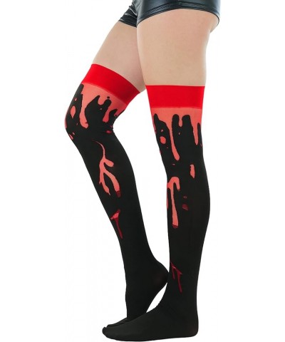 Women's Nylon Thigh High Schoolgirl Opaque Stockings Black W/ Red Cuff & Paint Splatter $9.44 Socks