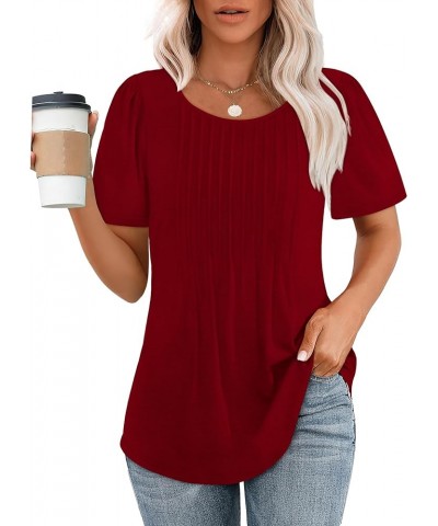 Womens T Shirts Short Sleeve Pleated Dressy Casual Scooped Neck Summer Tops Blouses 04-wine Red $15.65 T-Shirts