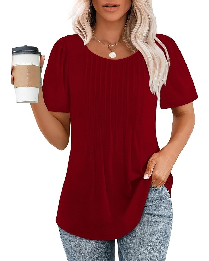 Womens T Shirts Short Sleeve Pleated Dressy Casual Scooped Neck Summer Tops Blouses 04-wine Red $15.65 T-Shirts