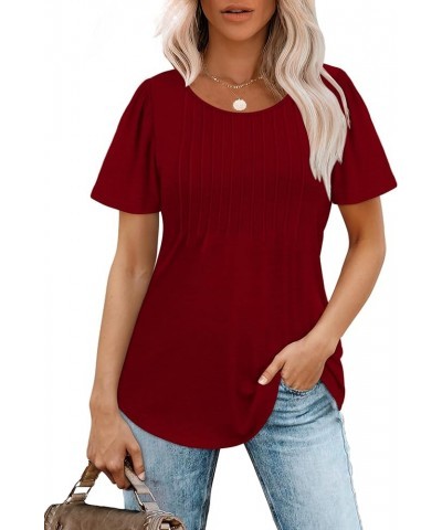 Womens T Shirts Short Sleeve Pleated Dressy Casual Scooped Neck Summer Tops Blouses 04-wine Red $15.65 T-Shirts