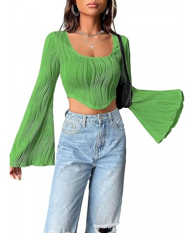 Womens Square Neck Long Sleeve Crop Top Textured Asymmetrical Hem Tee Shirt Green $12.53 T-Shirts