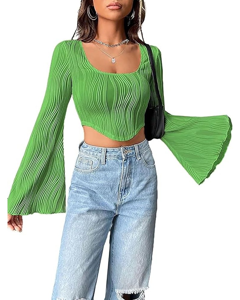 Womens Square Neck Long Sleeve Crop Top Textured Asymmetrical Hem Tee Shirt Green $12.53 T-Shirts