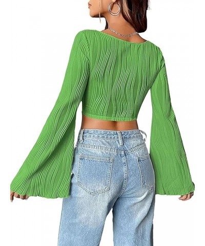 Womens Square Neck Long Sleeve Crop Top Textured Asymmetrical Hem Tee Shirt Green $12.53 T-Shirts