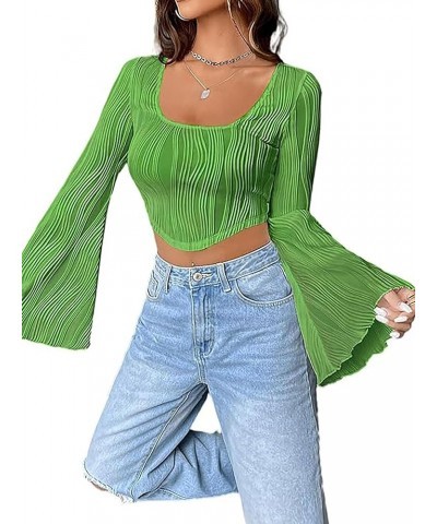 Womens Square Neck Long Sleeve Crop Top Textured Asymmetrical Hem Tee Shirt Green $12.53 T-Shirts