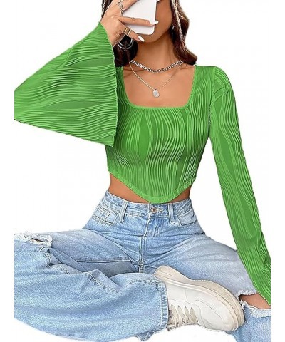 Womens Square Neck Long Sleeve Crop Top Textured Asymmetrical Hem Tee Shirt Green $12.53 T-Shirts