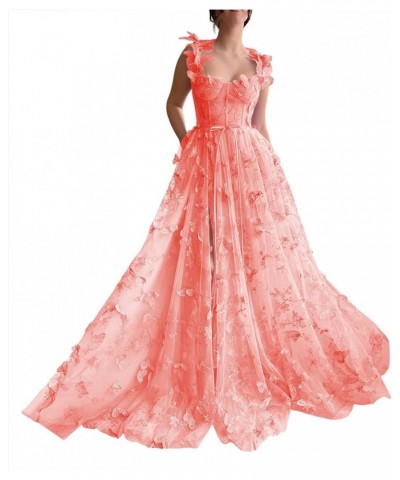 3D Butterflies Tulle Prom Dresses with Slit Sweetheart Formal Evening Dresses with Pockets CYM205 Coral $39.00 Dresses