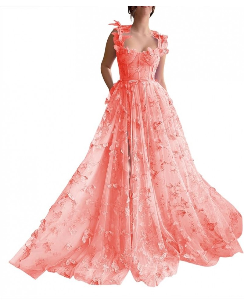 3D Butterflies Tulle Prom Dresses with Slit Sweetheart Formal Evening Dresses with Pockets CYM205 Coral $39.00 Dresses