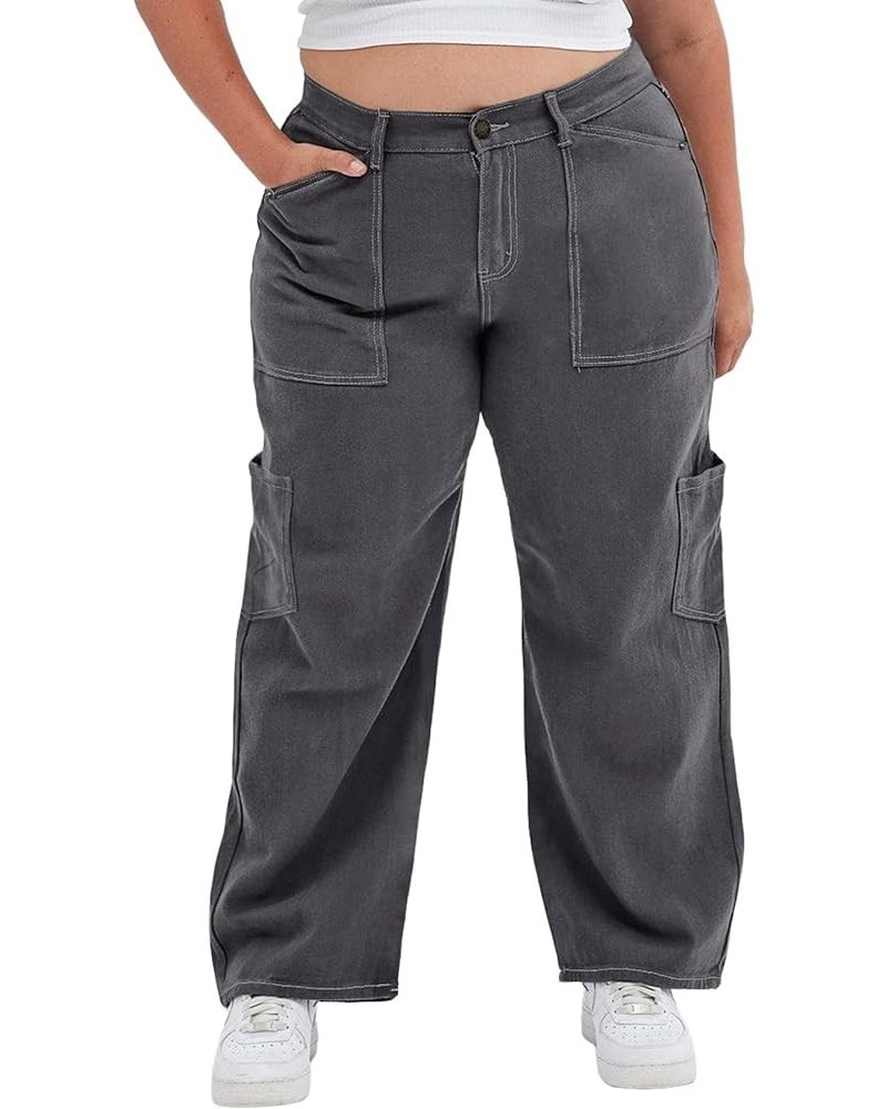 Womens Plus Size Cargo Pants High Waisted Stretch Wide Leg Baggy Pants Casual Trousers with Pockets(1X-5X) Dark Grey $18.45 P...