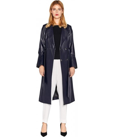 Women’s Genuine Lambskin Leather Trench Coat Black Long Leather Jacket Coat Dark Blue $103.36 Coats