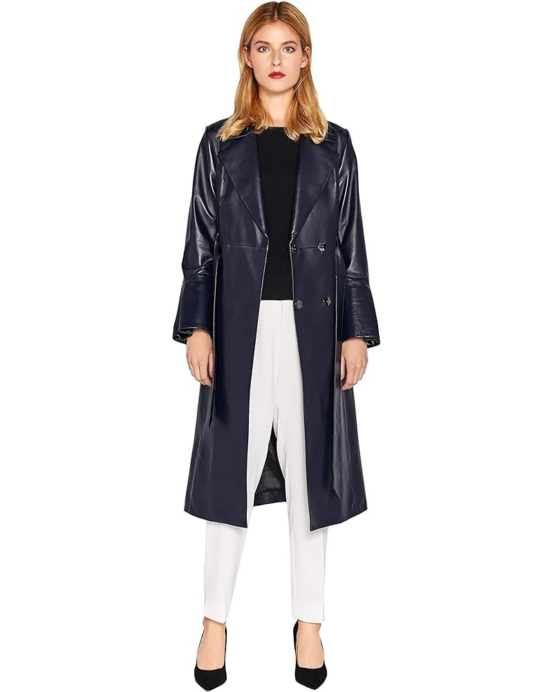 Women’s Genuine Lambskin Leather Trench Coat Black Long Leather Jacket Coat Dark Blue $103.36 Coats