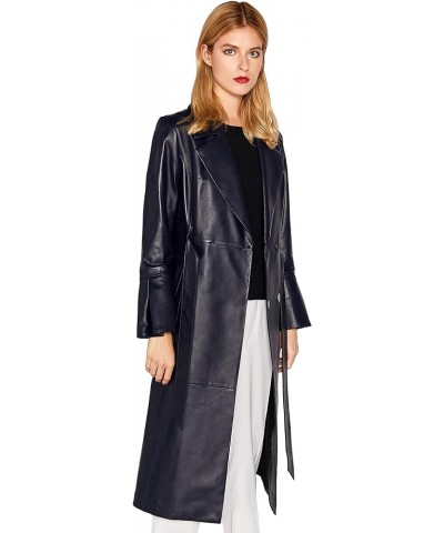 Women’s Genuine Lambskin Leather Trench Coat Black Long Leather Jacket Coat Dark Blue $103.36 Coats