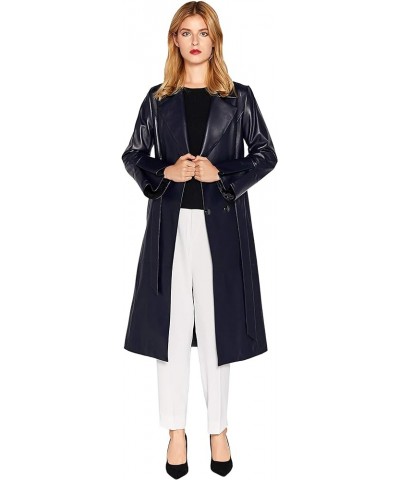 Women’s Genuine Lambskin Leather Trench Coat Black Long Leather Jacket Coat Dark Blue $103.36 Coats