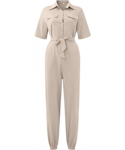 Women's Summer Jumpsuit 2023 Casual Lapel Lace-Up Printed Belt Short Sleeve Work Jumpsuit Jeans Jumpsuits Beige $10.43 Overalls