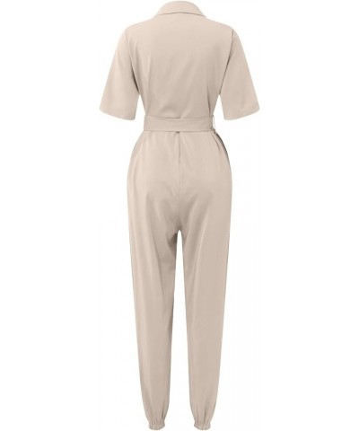 Women's Summer Jumpsuit 2023 Casual Lapel Lace-Up Printed Belt Short Sleeve Work Jumpsuit Jeans Jumpsuits Beige $10.43 Overalls