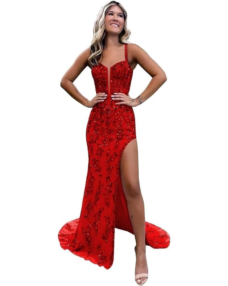 Sequin Long Prom Dresses with Slit Tulle Formal Dress Evening Party Gowns with Lace Applique Red $38.70 Dresses