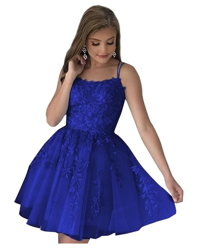 Spaghetti Straps Tulle Homecoming Dresses for Teens Short Prom Dress Lace Applique Cocktail Dress Party Gown Royal Blue $32.9...