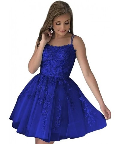 Spaghetti Straps Tulle Homecoming Dresses for Teens Short Prom Dress Lace Applique Cocktail Dress Party Gown Royal Blue $32.9...