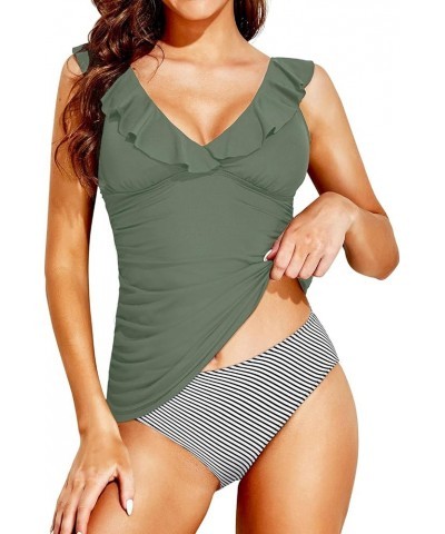 Two Piece Tankini Swimsuits for Women Tummy Control Bathing Suit Ruffle V Neck Tankini Top with Bikini Bottom Army Green $19....