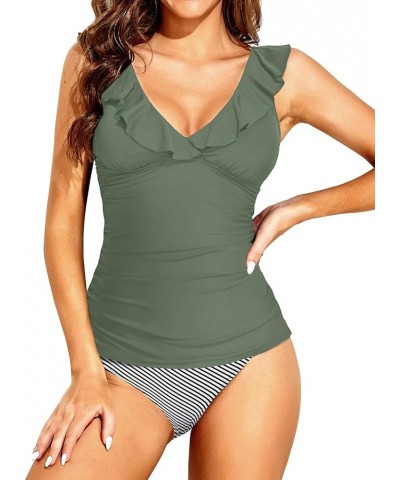 Two Piece Tankini Swimsuits for Women Tummy Control Bathing Suit Ruffle V Neck Tankini Top with Bikini Bottom Army Green $19....