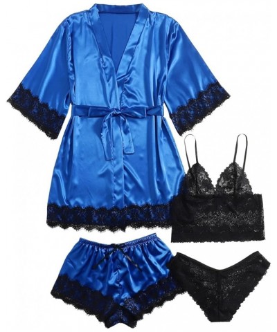 Womens 4PCS Silk Pajama Set Sexy Matching Satin Night Gowns Cute Lingerie Silky Sleepwear New Year Eve S-5XL Z-e-blue-1 Prime...