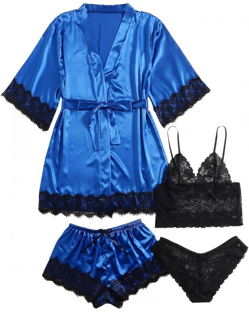 Womens 4PCS Silk Pajama Set Sexy Matching Satin Night Gowns Cute Lingerie Silky Sleepwear New Year Eve S-5XL Z-e-blue-1 Prime...