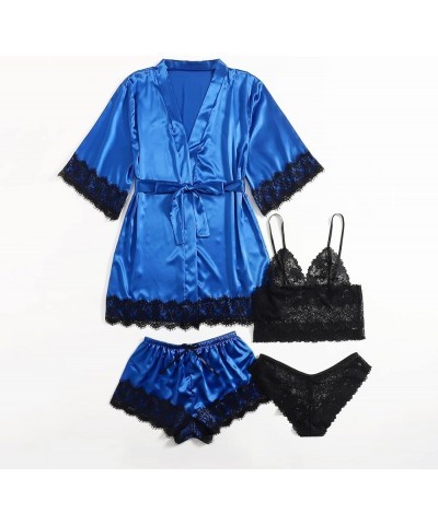 Womens 4PCS Silk Pajama Set Sexy Matching Satin Night Gowns Cute Lingerie Silky Sleepwear New Year Eve S-5XL Z-e-blue-1 Prime...