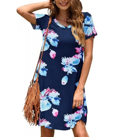 Women's Casual Plain Simple T-Shirt Loose Dress 02 Navy Pink Flower $18.69 Dresses