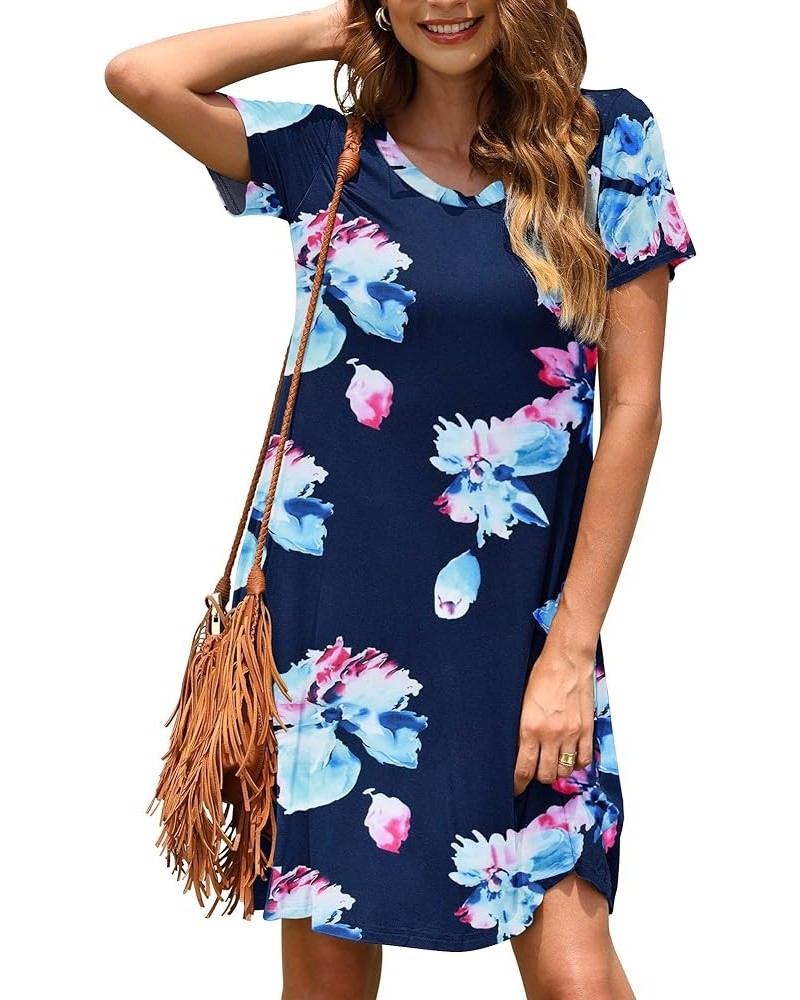 Women's Casual Plain Simple T-Shirt Loose Dress 02 Navy Pink Flower $18.69 Dresses