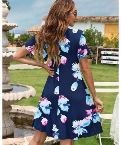 Women's Casual Plain Simple T-Shirt Loose Dress 02 Navy Pink Flower $18.69 Dresses