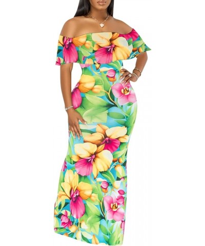 Women's Sexy Off Shoulder Maxi Dress Hawaiian Floral Evening Gown Long Dress Green-a $21.72 Dresses