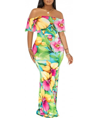 Women's Sexy Off Shoulder Maxi Dress Hawaiian Floral Evening Gown Long Dress Green-a $21.72 Dresses