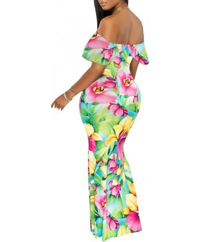 Women's Sexy Off Shoulder Maxi Dress Hawaiian Floral Evening Gown Long Dress Green-a $21.72 Dresses