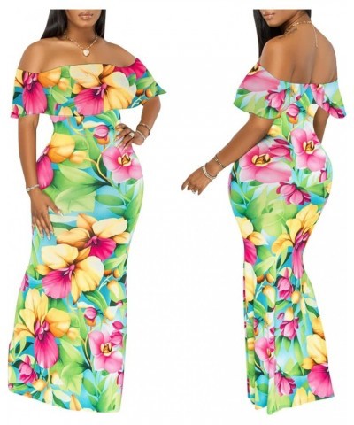 Women's Sexy Off Shoulder Maxi Dress Hawaiian Floral Evening Gown Long Dress Green-a $21.72 Dresses