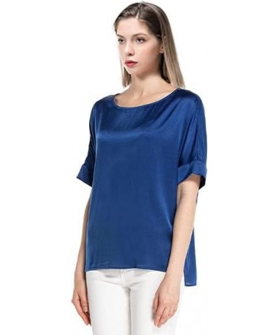 Women's Silk T-Shirt Loose Fit Tee: Summer Casual Short Sleeve Round Neck Tshirts Beach Outfits Cute Tops Navy $42.39 Tops