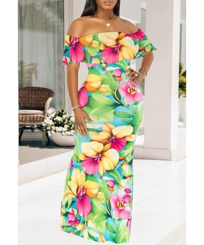 Women's Sexy Off Shoulder Maxi Dress Hawaiian Floral Evening Gown Long Dress Green-a $21.72 Dresses