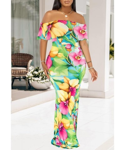 Women's Sexy Off Shoulder Maxi Dress Hawaiian Floral Evening Gown Long Dress Green-a $21.72 Dresses