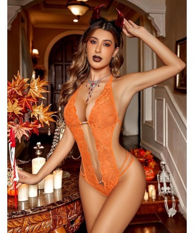 Women One Piece Lingerie Sexy Lace Bodysuit Deep V Teddy Babydoll Nightgown XS-XXXL Orange $9.71 Lingerie